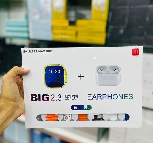 I20 Ultra Max suit Smart Watch 10 in 1 box 2.3inch large screen with 7 strips smartwatch With Airpords 2 (random color)